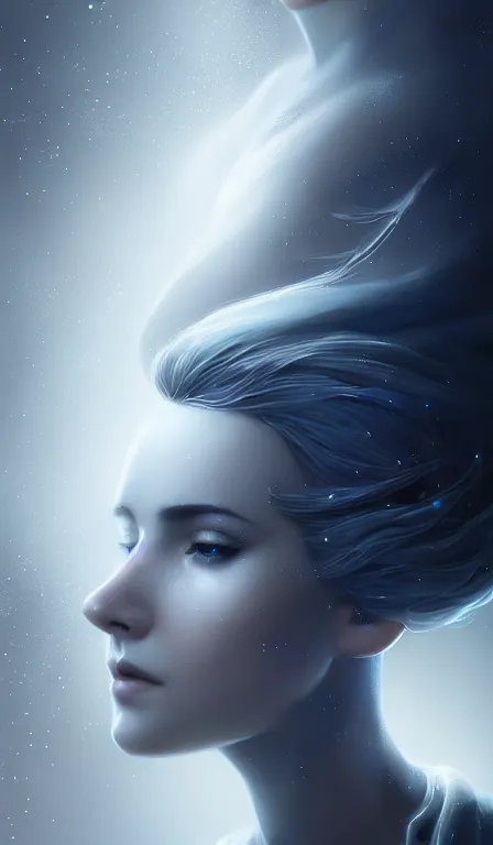 Image similar to constellation by charlie bowater and anna dittmann and artgerm and clemens ascher, intricate, elegant, blue and black and white mist, highly detailed, dramatic lighting, sharp focus, octane render, trending on artstation, artstationhd, artstationhq, unreal engine, 4 k, 8 k