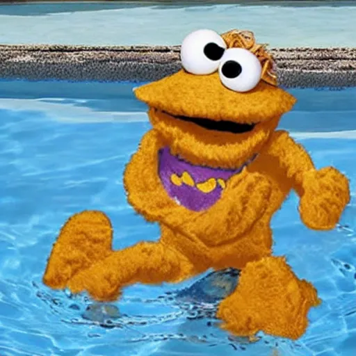 Image similar to cookie monster swimming in a pool