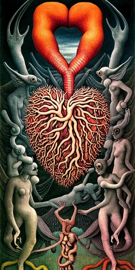 Image similar to mythical creatures and monsters in the visceral anatomical human heart imaginal realm of the collective unconscious, in a dark surreal painting by johfra, mc escher and ronny khalil