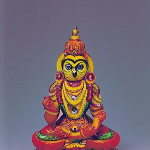 Prompt: hindu goddess in the form of an owl, painted figurine, museum catalog photograph