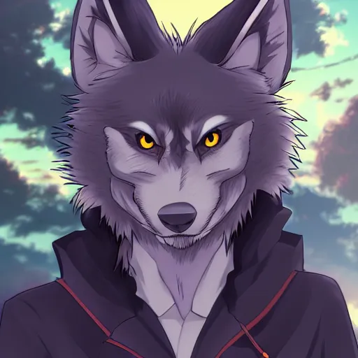 Image similar to key anime visual portrait of an anthropomorphic anthro wolf fursona, in a jacket, with handsome eyes, official anime art