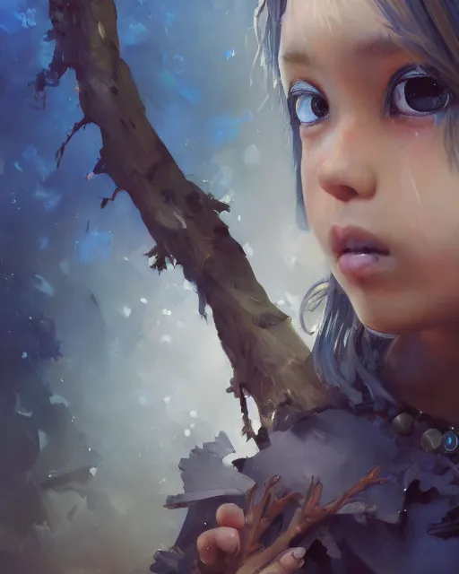 Image similar to a highly detailed oil painting of A little nightmare girl, Brown eyes, in professional makeup, with length blue hair, and a tall tree, and large obsidian crystals, cinematic lighting, dramatic atmosphere, by Dustin Nguyen, Akihiko Yoshida, Greg Tocchini, Greg Rutkowski, Cliff Chiang, 4k resolution, trending on artstation