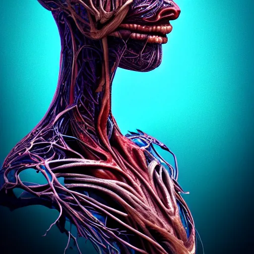 Prompt: a high quality photo of a young beautiful female queen-roots-dragon-cyborg bust with a very long neck and Mandelbrot fractal face, Mandelbrot fractal skin, flesh, anatomical, facial muscles, veins, arteries, elegant, highly detailed, flesh highly baroque ornate, hair are wired cables, elegant, high fashion, rim light, octane render, in the style of Flora Borsi, Realistic, Refined, Digital Art, Highly Detailed, Cinematic Lighting, dramatic colors scheme, photo-realistic, 8K