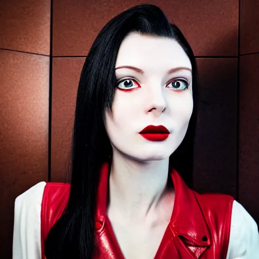 Image similar to Android girl, very pale skin, red lipstick, green eyes, jet black hair, cherry-red jacket, black leather pants, boots, hair over one eye, futuristic capsule hotel