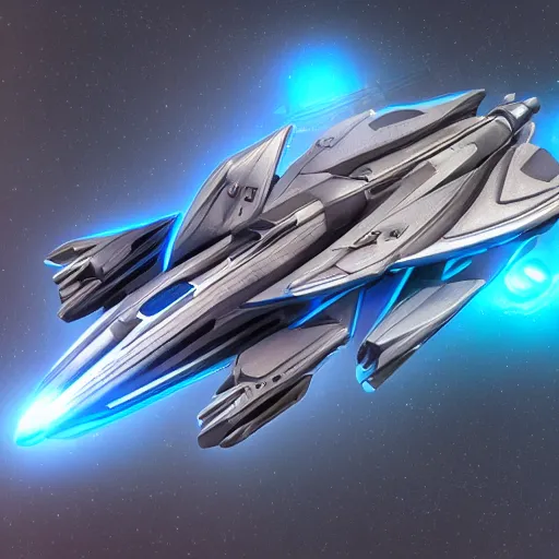 Prompt: a super cool spaceship equipped for battle and hyperspace, digital asset on white background