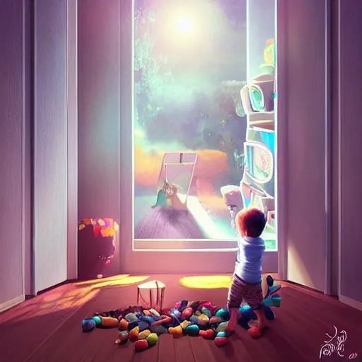 Image similar to A child discovering his room can open a portal to another dimension, digital art, trending on artstation, high details, very realistic