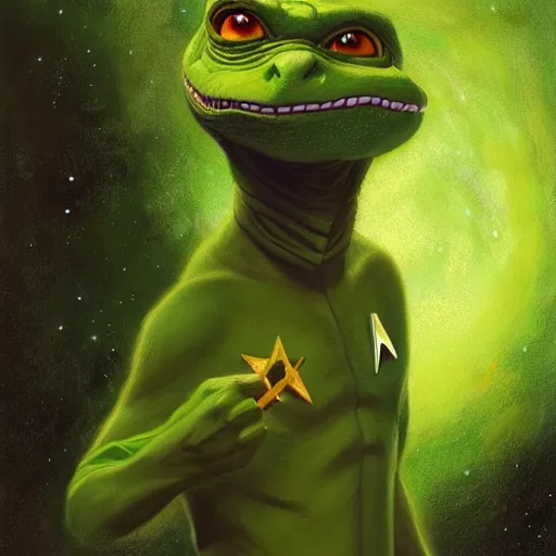 Image similar to a portrait of a male green reptile in star trek uniform at night in a dark forest. zootopia fursona furaffinity furry art detailed face painting by gaston bussiere craig mullins jc leyendecker gustav klimt artgerm greg rutkowski