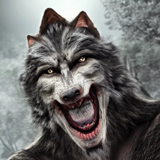 Image similar to portrait of man transforming into a werewolf with grey realistic fur, high detail, hyper realism, unreal engine, 8 k