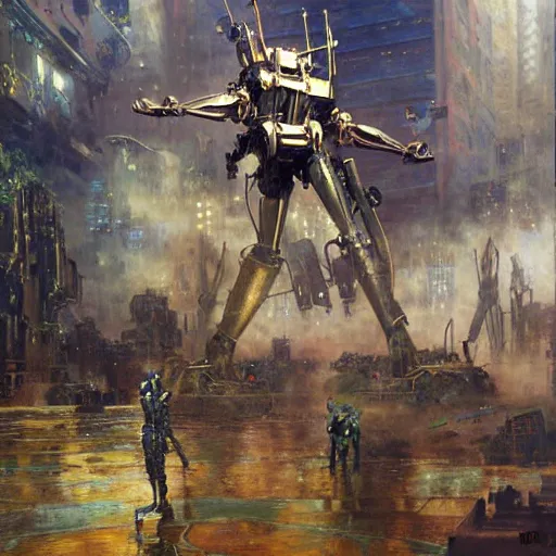 Image similar to six meters tall mech fighting in an urban environment, epic action scene, ultra realistic illustration by gaston bussiere craig mullins jc leyendecker gustav klimt artgerm greg rutkowski john berkey, bergey, craig mullins, ruan jia, raymond swanland, jeremy mann, tom lovell, alex malveda, ray casting, hdr