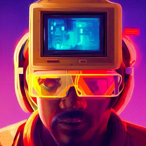 Prompt: artwork of a tv - headed man with a tv on his head, cyberpunk style, cmyk, yellow scene color, concept art, super detailed, 4 k hd, trending on artstation, digital painted, low contrast, made by greg rutkowski and viktoria gavrilenko