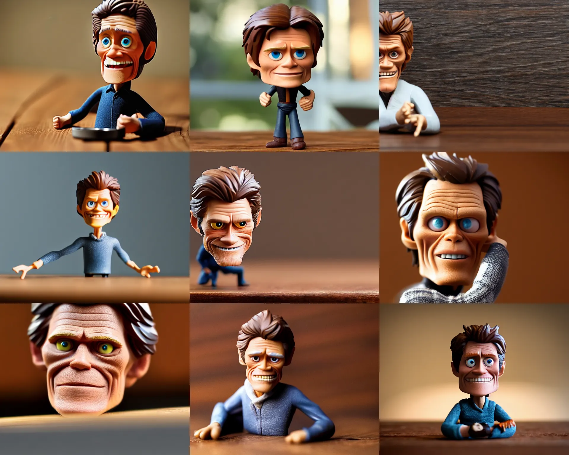 Prompt: willem dafoe figurine by pixar sad bokeh on wooden table.