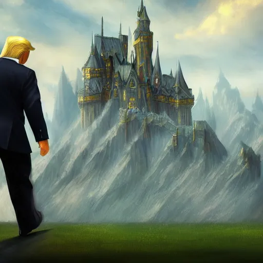 Image similar to Donald trump walking, perfect fces. | background = fantasy art landscape, fantasy city, fantasy kunst, fantasy castle, fantasy house, architecture mystery, artstation, house illustration