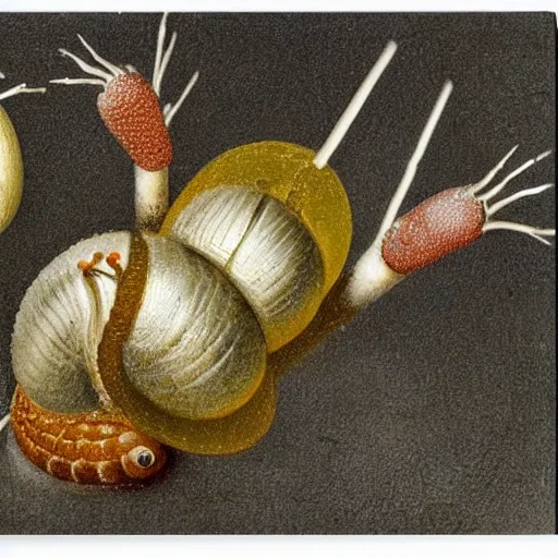 Prompt: hairy snail candy glue macro view by hieronymus bosch