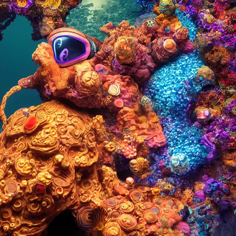 Image similar to octane render portrait by wayne barlow and carlo crivelli and glenn fabry, subject is a shiny reflective psychedelic colorful black ops scuba diver with small dim lights inside helmet, surrounded by bubbles inside an exotic alien coral reef aquarium full of exotic fish and sharks, cinema 4 d, ray traced lighting, very short depth of field, bokeh