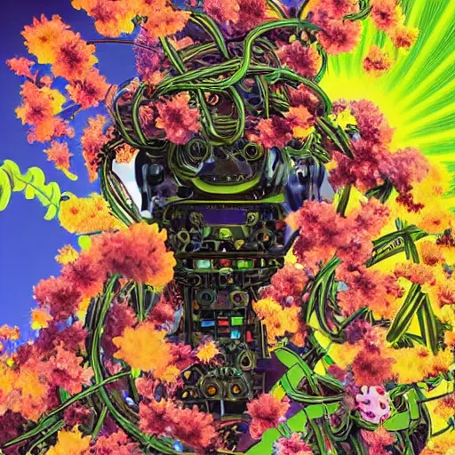 Image similar to colourful vfx art - portrait of army mecha robot wrapped in flowers & vines, art by utagawa kunisada & tadanori yokoo, volumetric light, ray tracing, sharp, detailed, digital painting, illustration, highly detailed, intricate detail, unreal engine, octane render, pinterest, behance, art station,