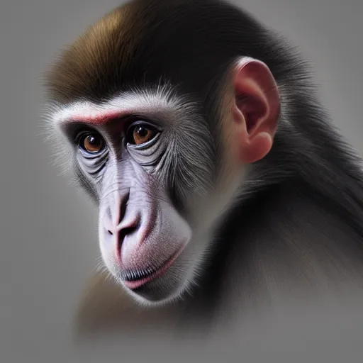 Prompt: monkey, realistic portrait, highly detailed, digital painting, artstation, concept art, smooth, sharp focus, illustration, cinematic lighting