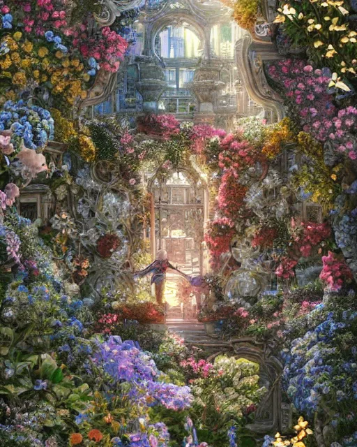 Image similar to photo of a portal to paradise, 8 k high definition, flowers, machines, insanely detailed, intricate, art by akihiko yoshida, antilous chao, woo kim