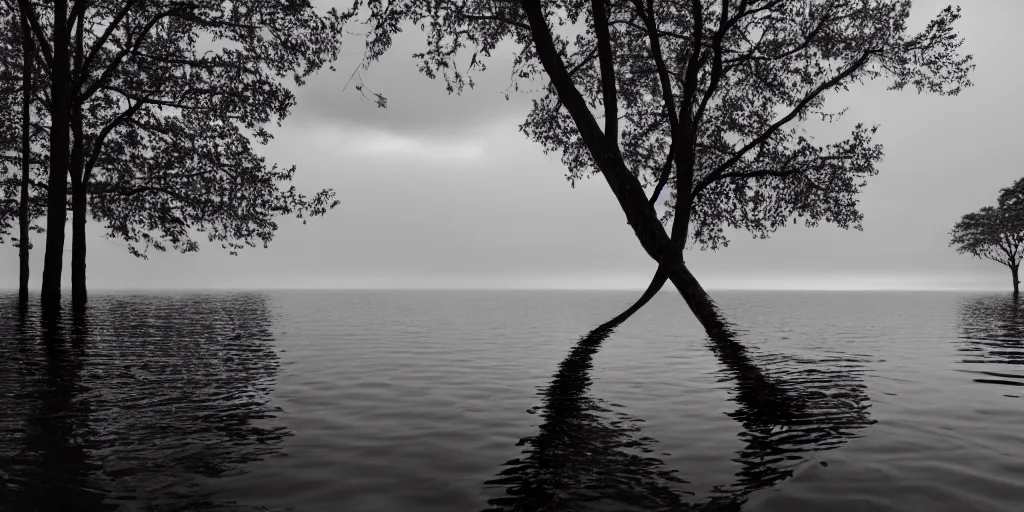 Prompt: symmetrical photograph of an infinitely long rope floating on the surface of the water, the rope is snaking from the foreground stretching out towards the center of the lake, a vortex in the middle of a dark lake on a cloudy day, trees in the background, anamorphic lens