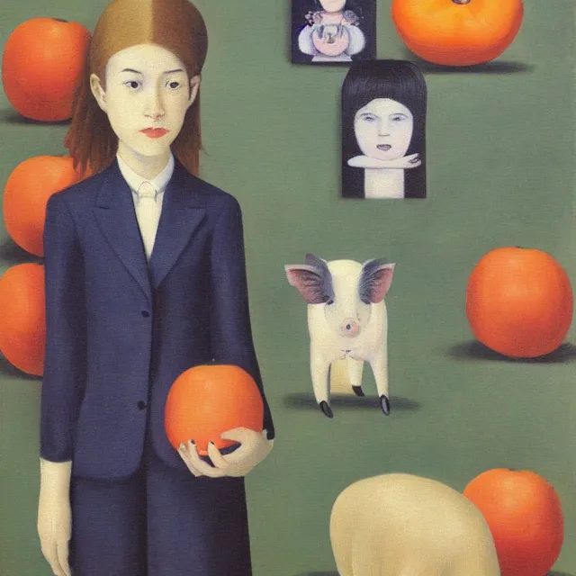 Image similar to tall emo girl artist holding small portraits and a persimmon, tokyo, pigs, octopus, acrylic on canvas, surrealist, by magritte and monet