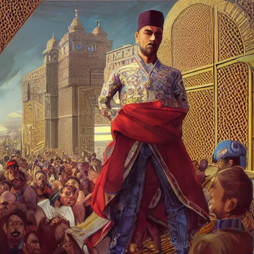 Image similar to clear portrait of king of morocco having a rap battle, cottagecore!!, detroit hood background hyper detailed, character concept, full body, dynamic pose, elegant, intricate, highly detailed, digital painting, artstation, concept art, smooth, sharp focus, illustration, art by artgerm and greg rutkowski and alphonse mucha