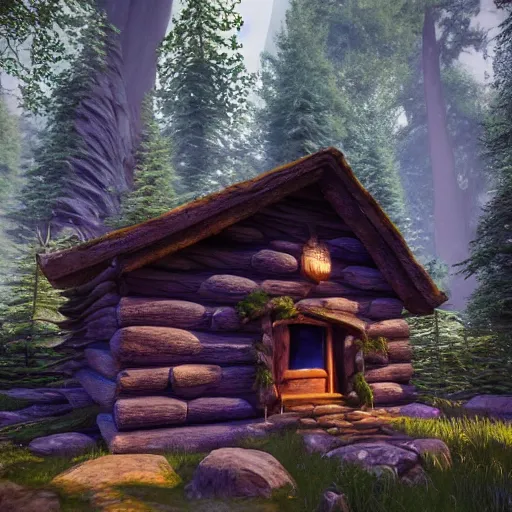 Image similar to elf magical forest cabin with a chimney 8k fantasy Unreal 5 engine