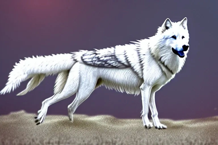 Image similar to a white feathered wolf with a bladed horn and tail