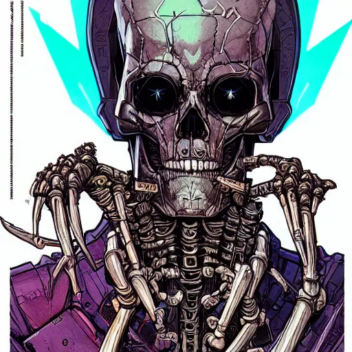 Image similar to portrait of a cybernetic evil undead skeleton sorcerer, cyberpunk concept art by josan gonzales and moebius and enki bilal and and dan mumford and jean claude meziere and philippe druilleg