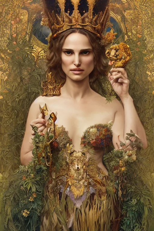 Image similar to natalie portman as queen of the jungle, painted by nekro, alphonse mucha, dark - fantasy, intricate detail, artstation, cgsociety, rococo, gold leaf art