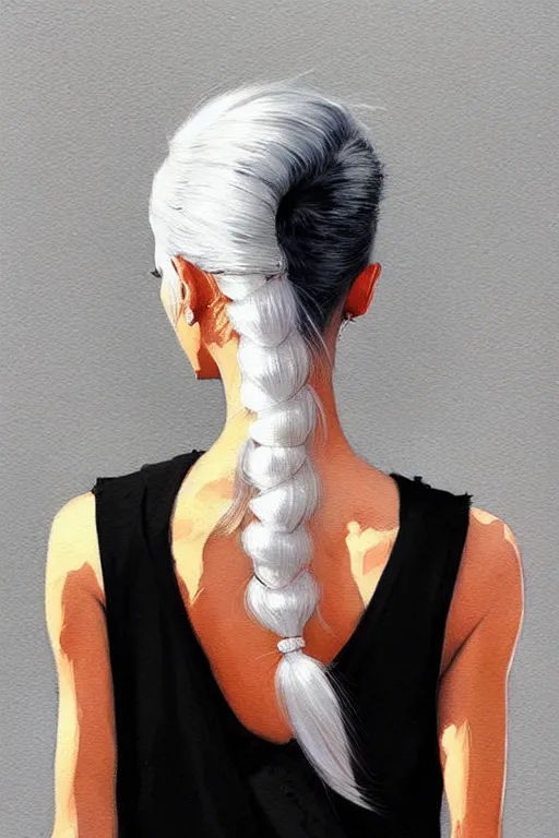 Image similar to a ultradetailed beautiful painting of a stylish woman in with white hair in a ponytail, she is wearing a black tank top and jeans, by conrad roset, greg rutkowski and makoto shinkai trending on artstation