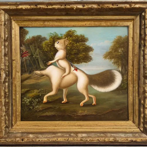 Image similar to a giant squirrel carrying napoleon on its back, beach scene with flowers and foliage, detailed oil painting