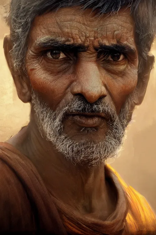 Image similar to hindu citizen, close - up portrait, poor, intricate, elegant, volumetric lighting, scenery, digital painting, highly detailed, artstation, sharp focus, illustration, concept art, ruan jia, steve mccurry