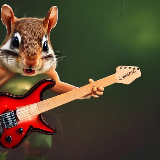 Prompt: a high quality photo of a chipmunk hulk playing electric guitar, foggy forrest backdrop, render, ultra realistic, epic lighting, cgsociety