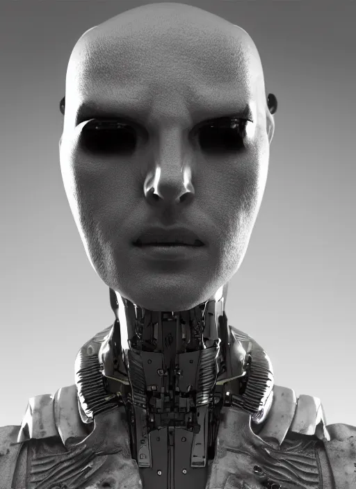 Image similar to bladerunner, cyberpunk, angled facial portrait of a bone ceramic caliente humanoid robot Spanish ninja with an attractive bald head and handsome features, large glowing eyes, macho, piroca, dotado, guapo, reflective surface, by Makoto Shinkai, trending on cgsociety, trending on artstation