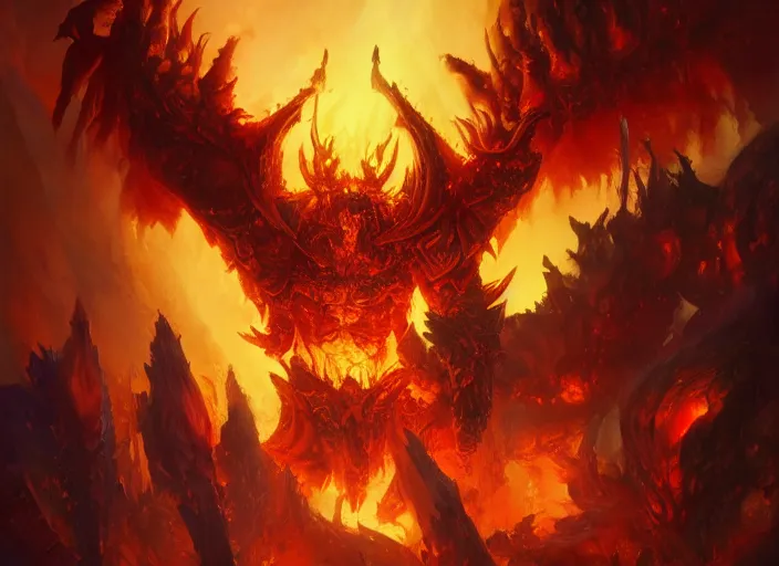 Image similar to artwork of ragnaros from world of warcraft by denning guy, amano yoshitaka, berkey john, bowater charlie, greg rutkowski