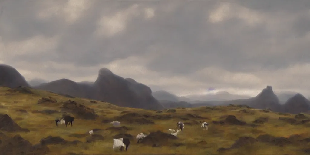 Prompt: painting of rocky highlands with goats grazing in the far distance, overcast skies, muted colors