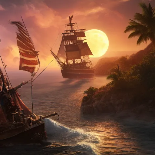 Image similar to Captain Jack Sparrow is looking all over an island for his rum, the moon is rising on the horizon, stars glistening in the night, hyperdetailed, artstation, cgsociety, 8k