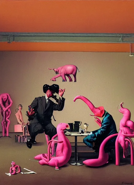 Prompt: a businessman meeting where the boss is a pink elephant in the style of francis bacon, surreal forest, norman rockwell and james jean, greg hildebrandt, and mark brooks, triadic color scheme, by greg rutkowski, in the style of francis bacon and syd mead and edward hopper and norman rockwell and beksinski, dark surrealism, open ceiling