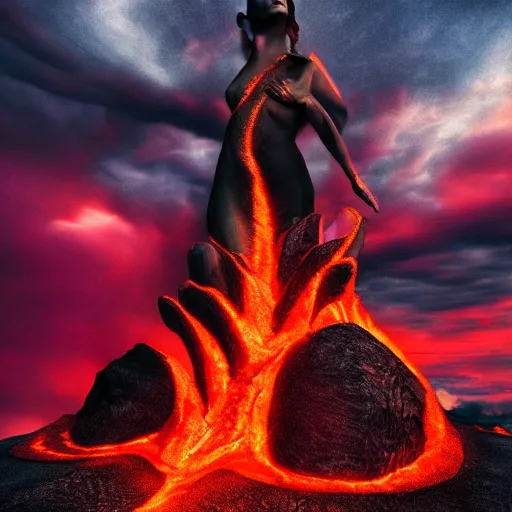 Prompt: the goddess of fire, lava, volcano, photomanipulation, beautiful, 8k, moody, atmpspheric, ethereal, otherworldly, dramatic