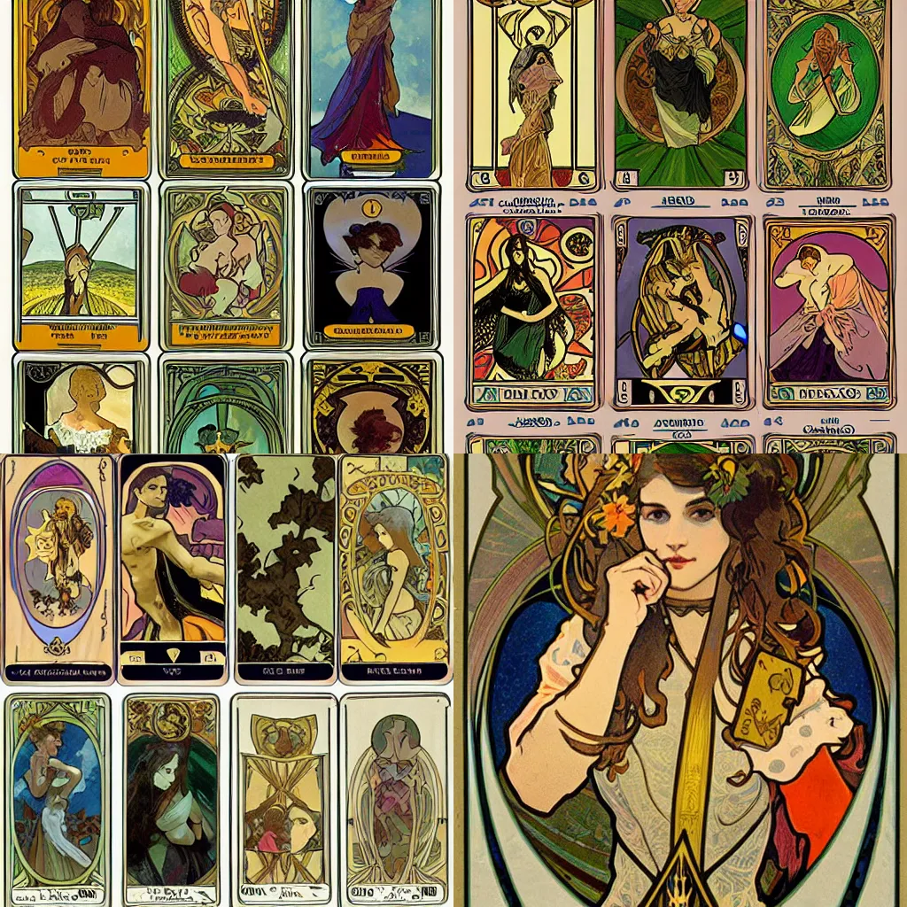 Prompt: Tarot cards, major arcana, in the style of Alphonse Mucha