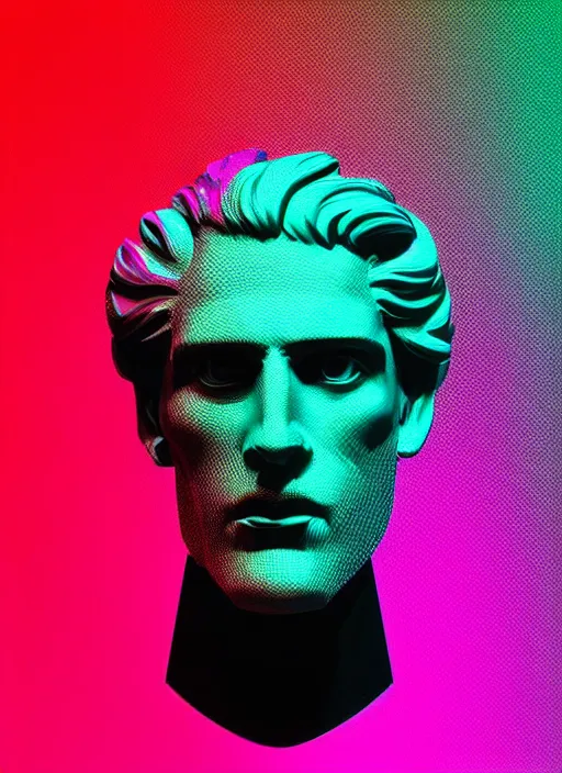 Image similar to bust of uberchad with chiseled jaw, beeple, vaporwave, retrowave, black background, neon wiring, black, glitch, strong contrast, cuts, pinterest, trending on artstation