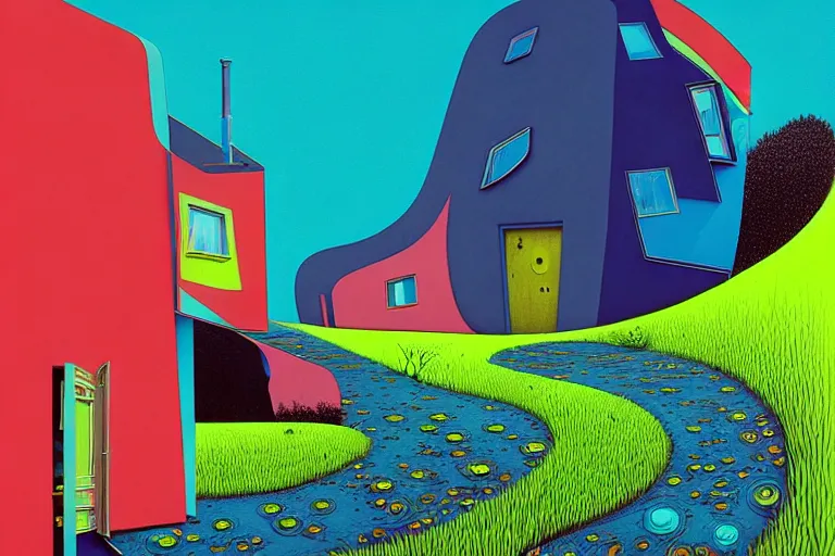 Prompt: surreal glimpse into other universe, house by zaha hadid, summer morning, very coherent and colorful high contrast, art by!!!! gediminas pranckevicius!!!!, geof darrow, floralpunk screen printing woodblock, dark shadows, hard lighting, stipple brush technique,