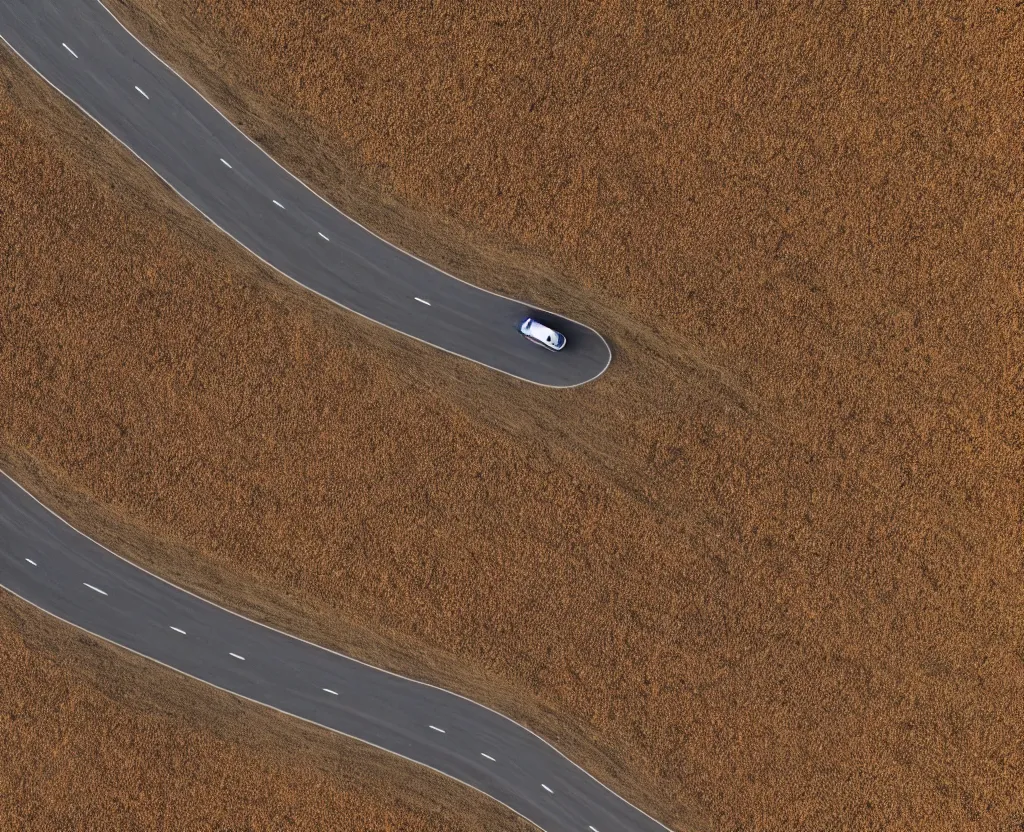 Prompt: A little car driving on road between burning fields of wheat, isometric aerial view, 4k