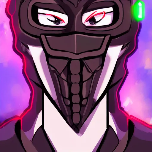 Image similar to detailed guy with mask made in demon slayee artstyle, highly detailed, fragile looking, high quality, 8k, smooth, art, art, detailed face, sharp focus, beautiful scene, neon, handsome detailed face,