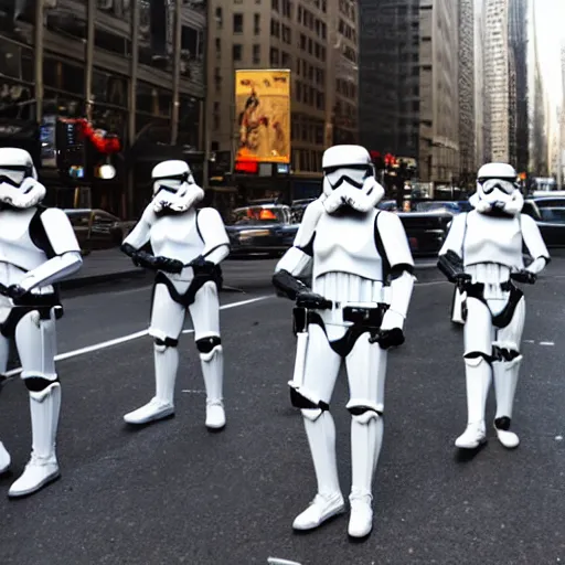 Image similar to several stormtroopers riding unicycles on Park Ave in New York City, 4k photography