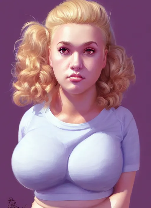 Prompt: full body portrait, teenage betty cooper, blonde hair, obese, bangs, ponytail, sultry, realistic, sultry smirk, fluffy bangs, curly bangs, fat, belly, intricate, elegant, highly detailed, digital painting, artstation, concept art, smooth, sharp focus, illustration, art by wlop, mars ravelo and greg rutkowski