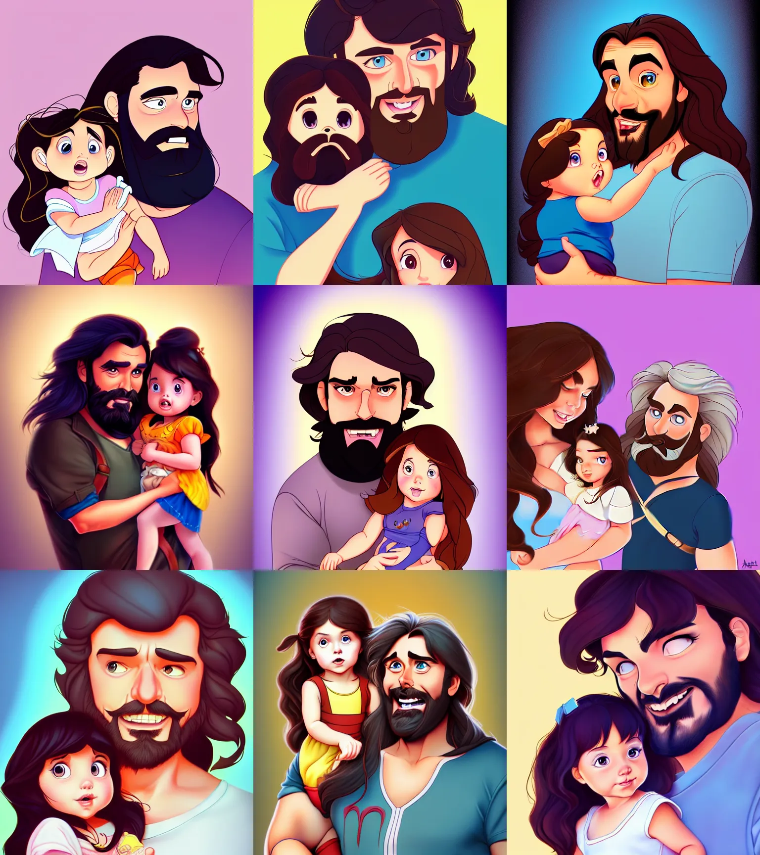 Image similar to a long - haired bearded father and his brunette child toddler girl full color digital illustration in the style of don bluth, artgerm, artstation trending, 4 k