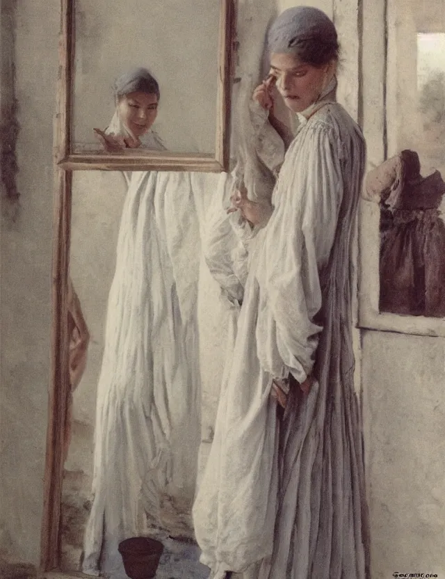 Image similar to peasant trying dress in front of a mirror, on a village, Cinematic focus, Polaroid photo, vintage, neutral colors, soft lights, foggy, by Steve Hanks, by Serov Valentin, by lisa yuskavage, by Andrei Tarkovsky 8k render, detailed, oil on canvas