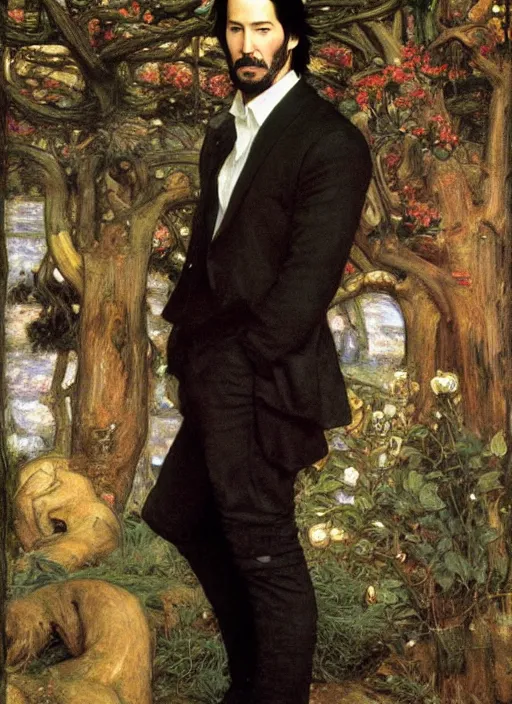 Image similar to a beautiful painting of keanu reeves by John Everett Millais and Dante Gabriel Rossetti and John Collier and john william waterhouse, pre-raphaelite, detailed, trending on artstation, hd, masterpiece