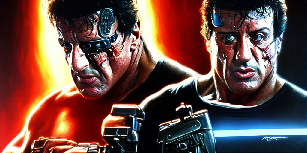 Image similar to sylvester stallone as the terminator, cinematic, highly detailed, digital painting, artstation, concept art, matte, sharp focus, illustration, art by artgerm and greg rutkowski and alphonse mucha