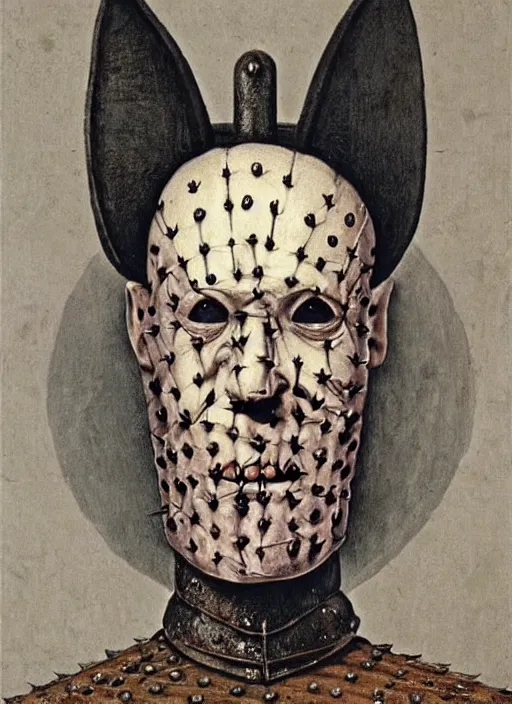 Image similar to portrait of medieval Pinhead from Hellraiser (1986) painted by hieronymus bosch, detailed digital art, trending on Artstation